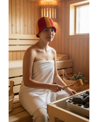 Saunahut – rot/gelb gestreift, 100 % Wolle SAUNA-ZUBEHÖR